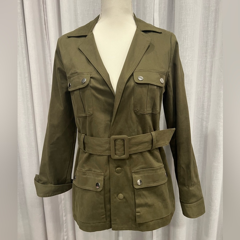 Superdown Safari Military Khaki Olive Green Structured Belted Utility Jacket